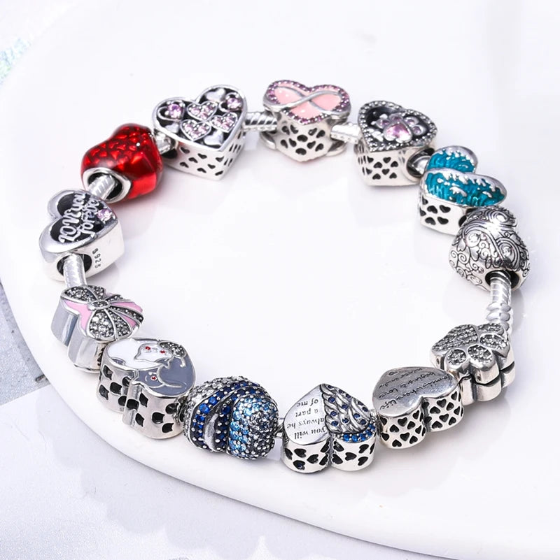 Pandora-Charm-Perlen mit Herz-Anhänger aus 925er Sterlingsilber mit CZ-Steinen, Schmuckperlen für Mädchen, Geschenke für Frauen, Armband, Halskette