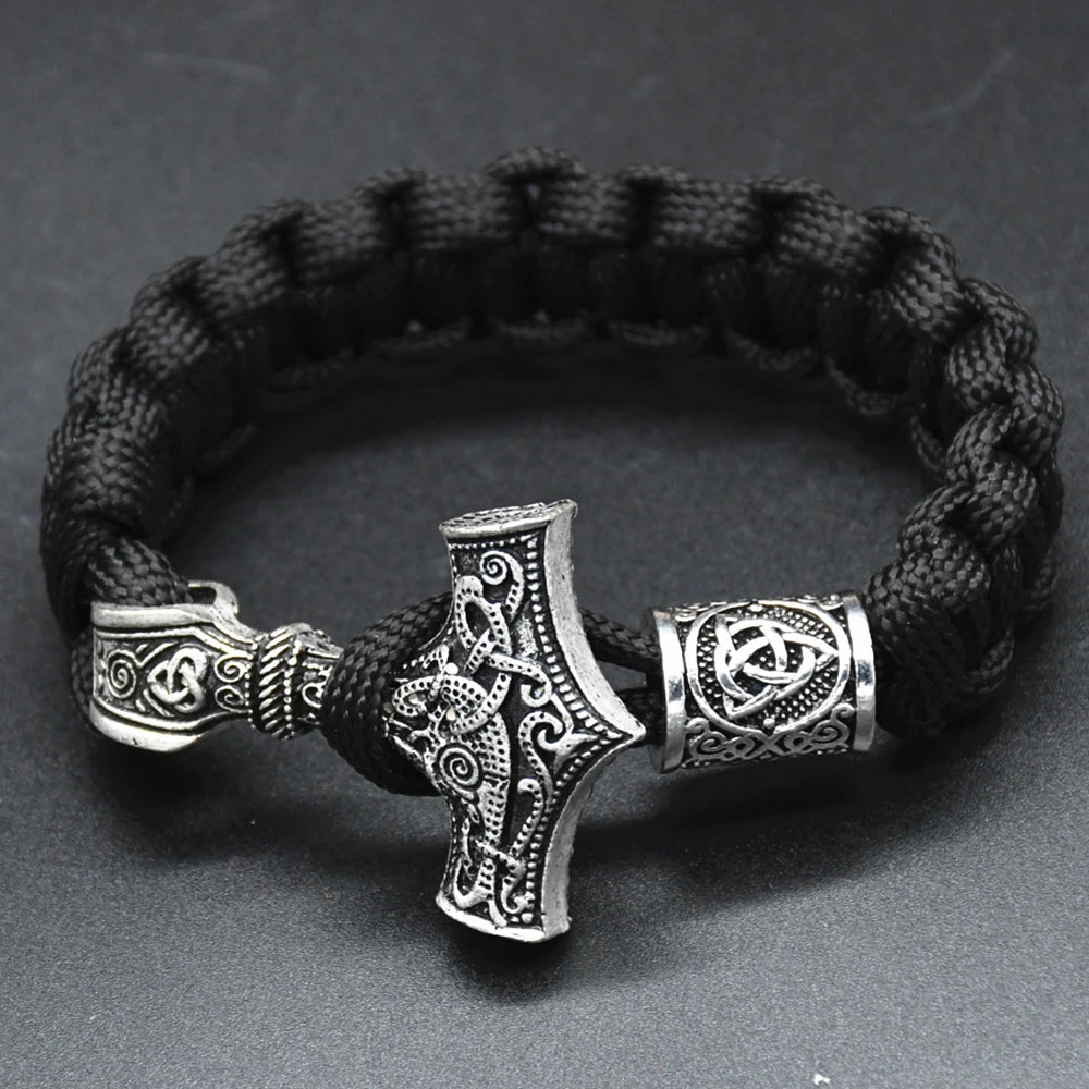 Norse Viking Men Bracelets Thor Mjolnir Hammer Paracord Amulet Valknut Runes Beads Hand Made Rope Wrap Scandinavian Bangles Gift