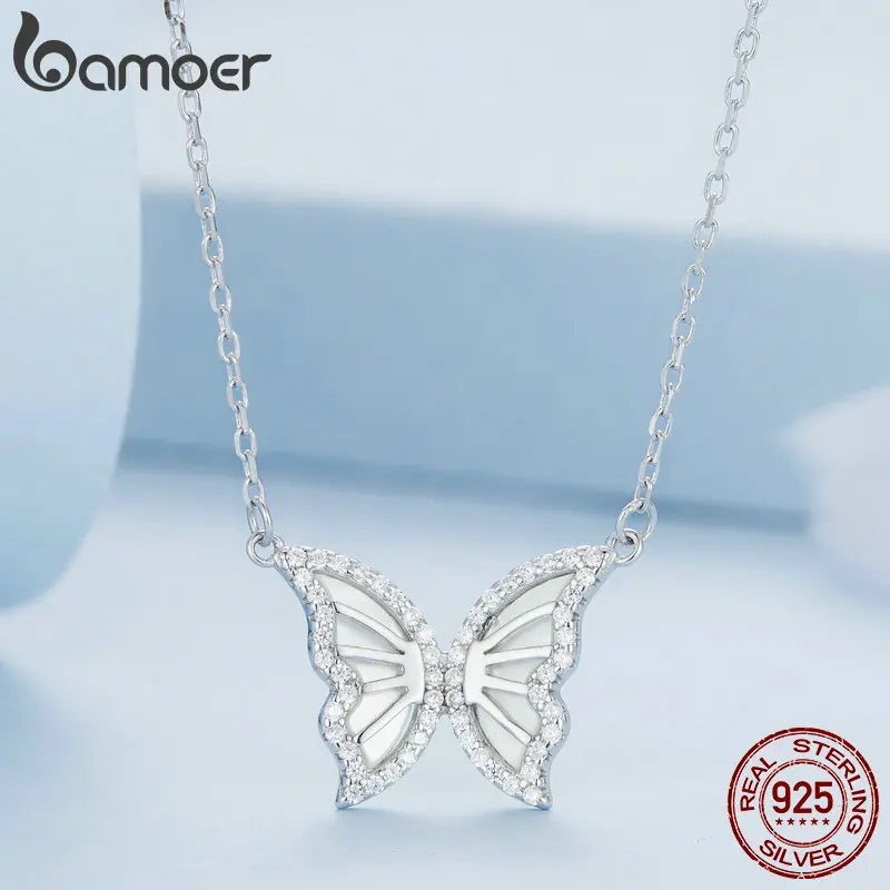 Sterling Silver Butterfly Pendant Necklace for Women Birthday Christmas Gift Pave Setting CZ Fine Jewelry BSN293 - Madeinsea©