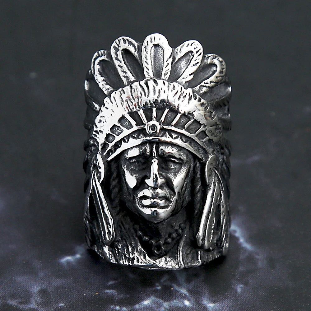 Anillo de jefe indio detallado para hombre, anillo de motociclista de acero inoxidable 316L, anillos enormes de estilo punk hip hop para hombre, joyería de moda, regalo para un amigo