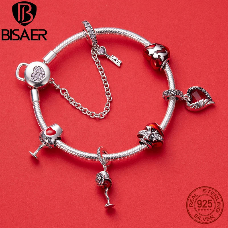 BISAER 925 Sterling Silver Red Color Charm Beads Heart Pendant For  Bracelet Necklace DIY Jewelry Valentine's Day Birthday Gift