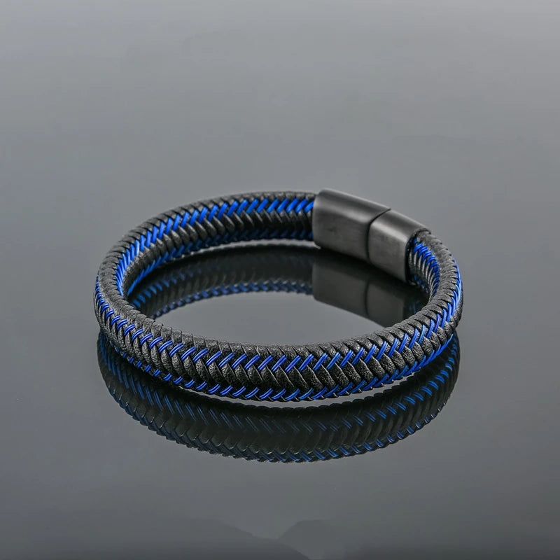 MKENDN Trendy Men Blue Braided Leather Rope Bracelet Black Magnetic Buckle Bracelets Punk Rock Men Wristband Pulsera Hombre