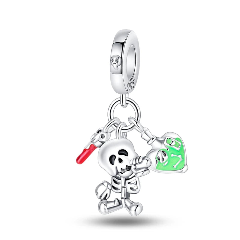 New 925 Sterling Silver Skeleton Clown Witch Halloween Series Pendant Fit Original Pandor Bracelet Snake Chain Beaded Women Gift