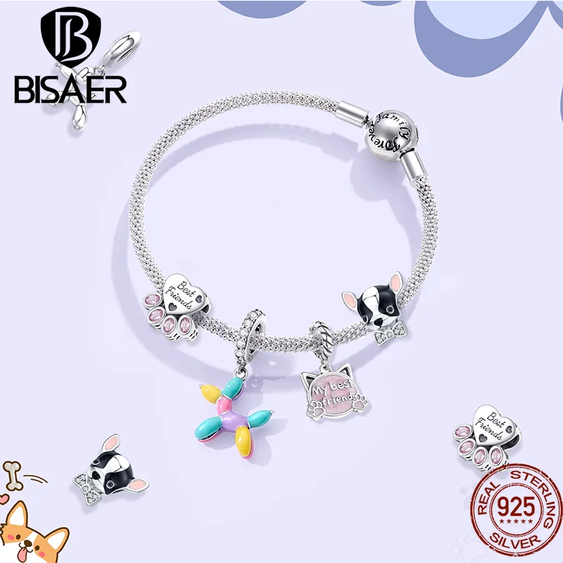 BISAER 925 Sterling Silver Cute Dog Charm Bead Dachshund Pet Animal Pendant Platinum Plated Fit Women DIY Bracelet Fine Jewelry