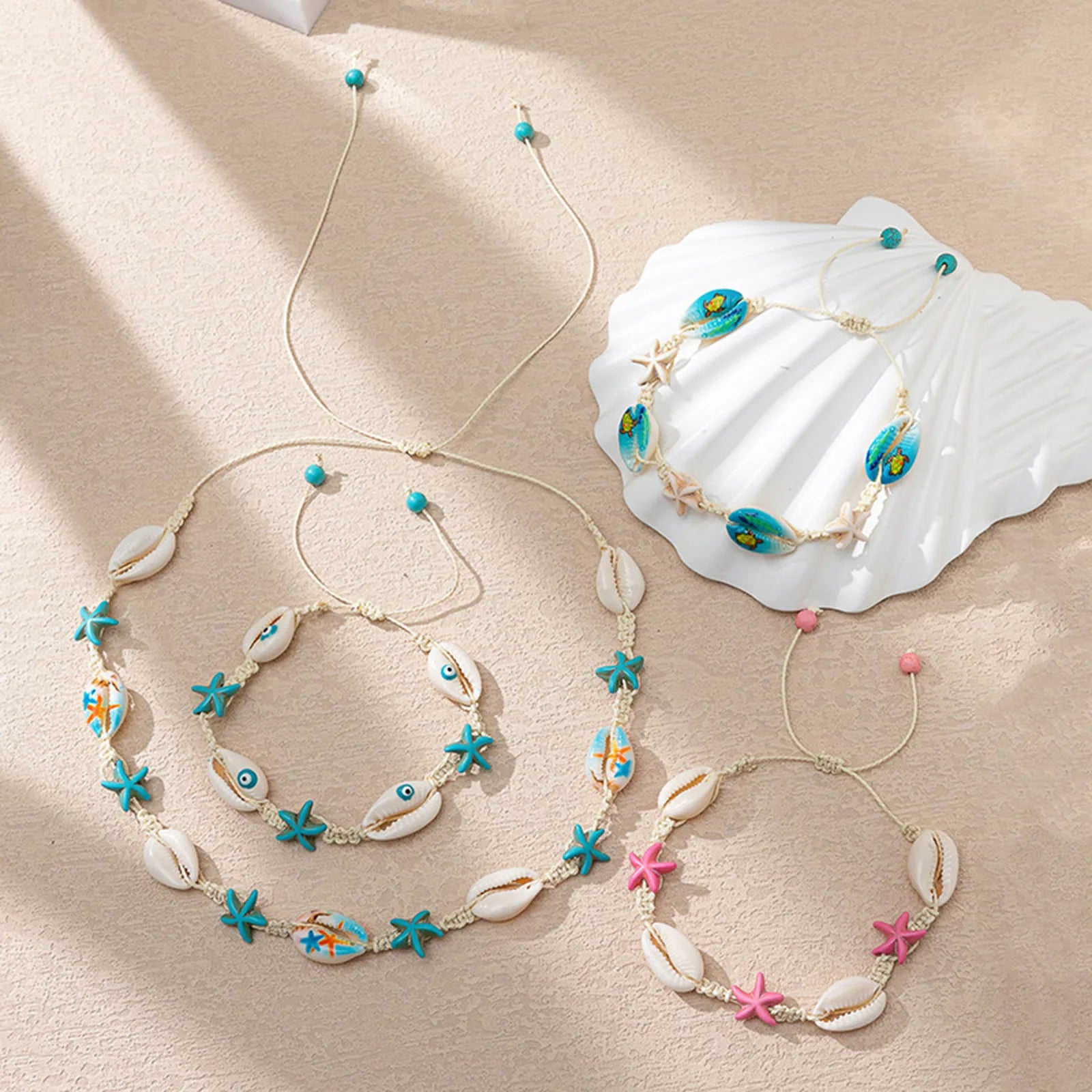 Shell Ocean Braided Bracelets with White & Blue Star Fish