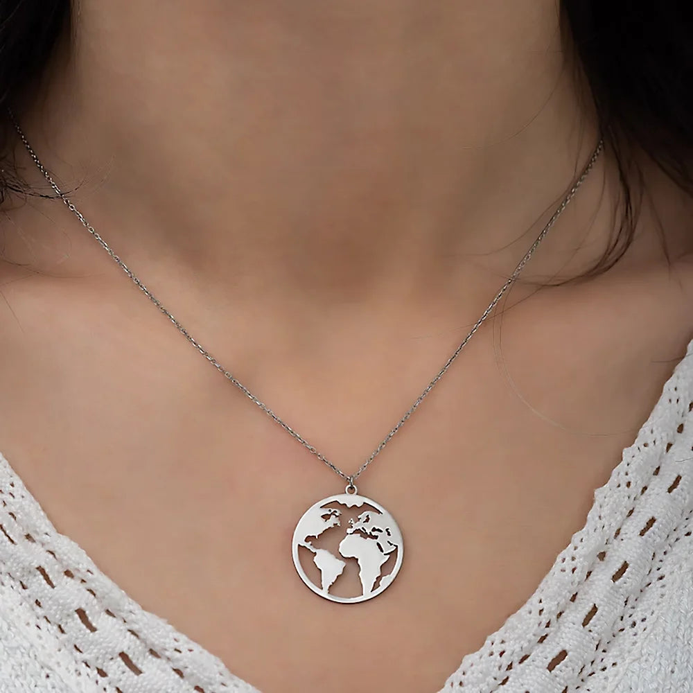 Collier en acier inoxydable avec pendentif carte du monde, breloque globe, bijoux bohème pour femmes, ras du cou Wanderlust Earth, cadeaux de voyage