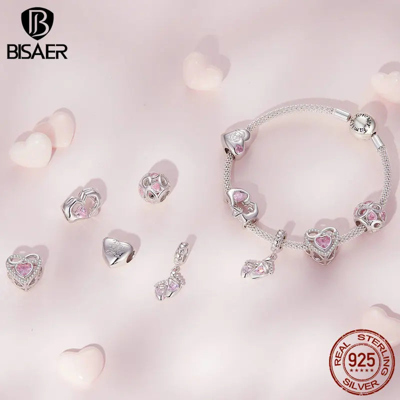 BISAER 925 Sterling Silver Motherly Love Charm Bead Hand Heart Pendant Plated Platinum Fit Mother's Day Bracelet Fine Jewelry