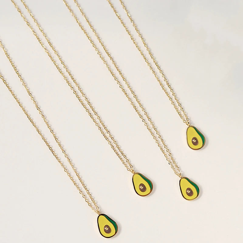 2022 Summer Waterproof Green Enamel Avocado Necklace for Girl Stainless Steel Gold Color Cute Fruit Pendant Collar Necklace Gift