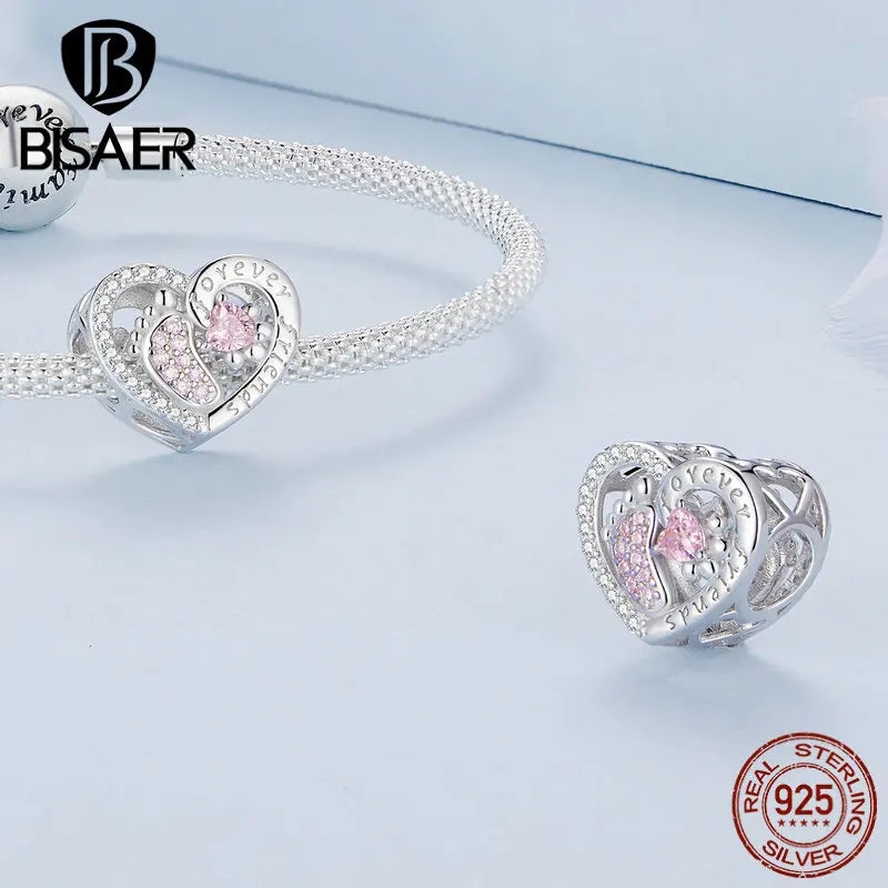 BISAER 925 Sterling Silver Pink Series Charm Heart Safety Chain Bead Pendant Fit Bracelets Mother's Day Lovers Fine Jewelry Gift