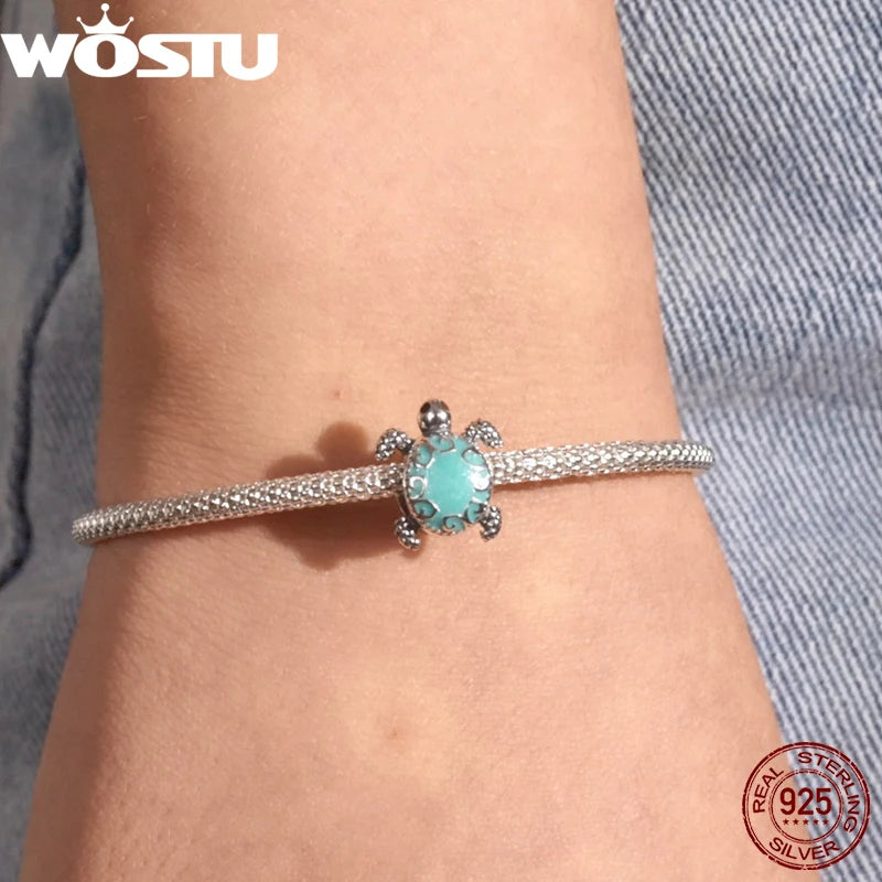 WOSTU 100% 925 Sterling Silver Longevity Sea Turtle Charm Bead Fit Original DIY Bracelets Bangle Fine Birthday Jewelry Present