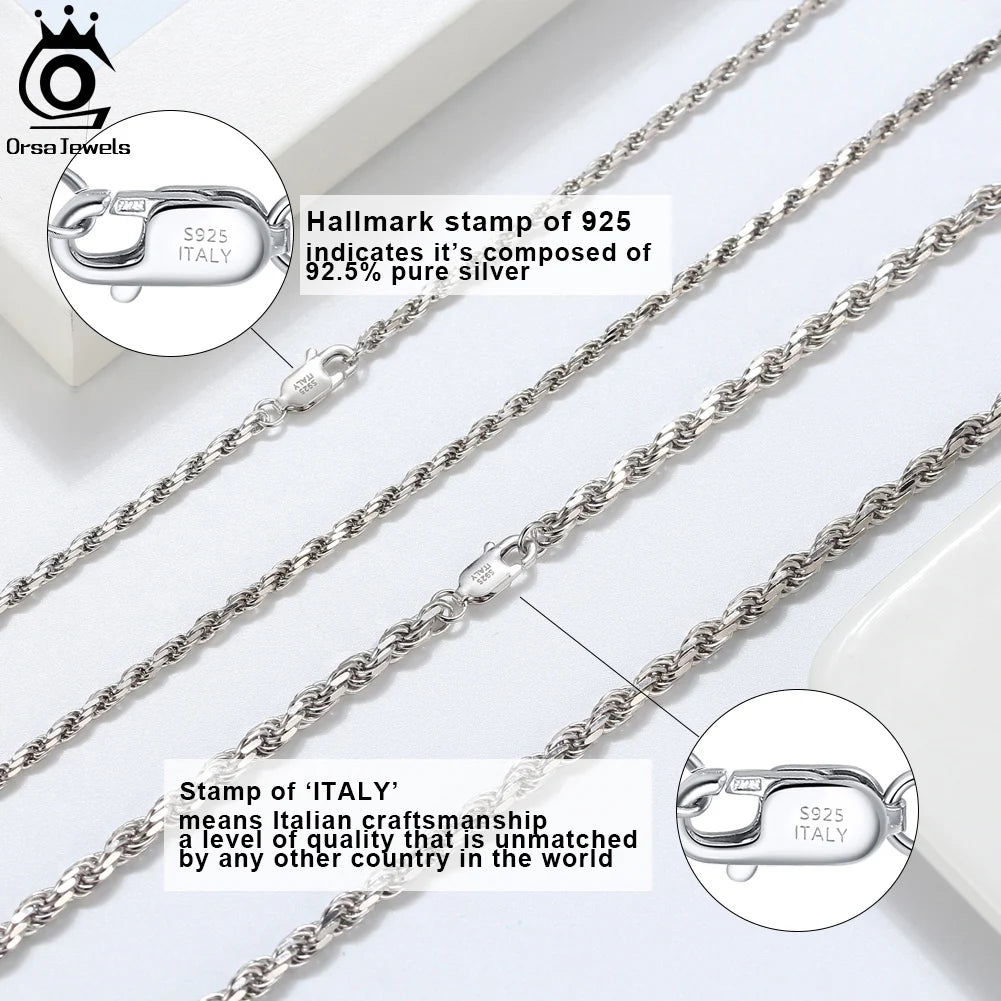 ORSA JEWELS Italian 1 /2 / 3mm Rope Chain Necklace Sterling Silver 925 Rhodium Plated Neck Chain Lobster Clasp 16-24 inches SC29