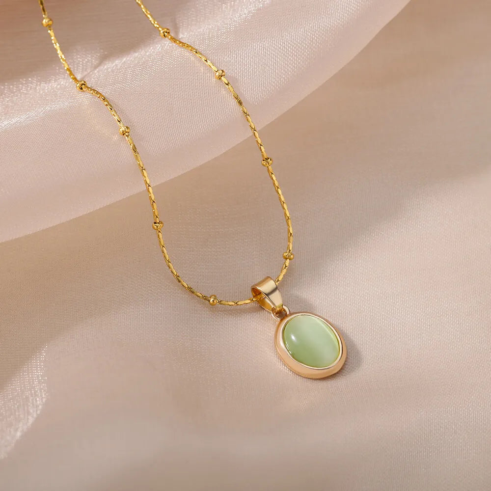 Fashion Stone Opal Oval Necklace For Women Stainless Steel Gold Color Oval Stone Pendant Necklace Wedding Aesthetic Jewelry Gift