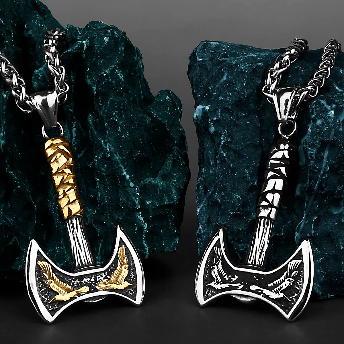 Viking Odin Raven Double Axe Necklace Mixed Gold Color Stainless Steel Pendant Men's Scandinavian Jewelry Party Club Gift