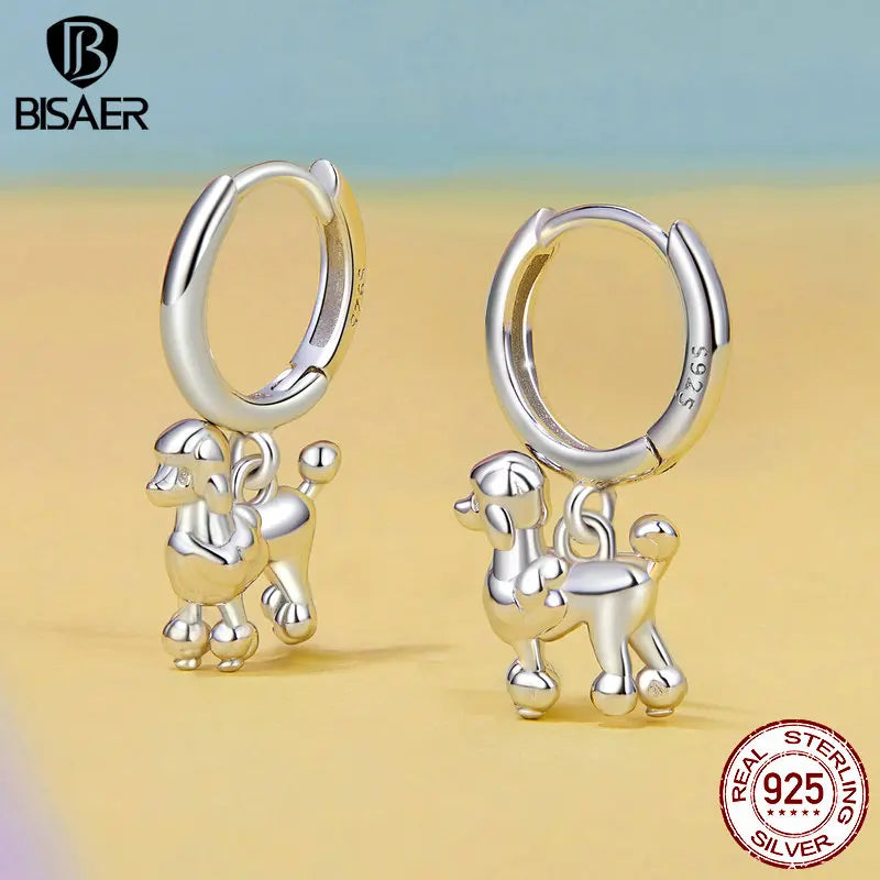 BISAER 925 Sterling Silver Cute Dachshund Ear Buckles Dog Pet Hoop Earrings Platinum Plated for Women Party Fine Jewelry ECE1677