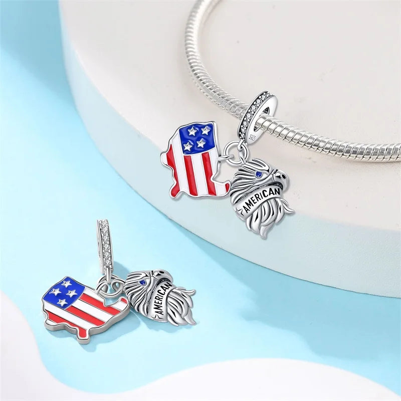 925 Argent Couleur Caméra USA Aigle Bannière Amérique Charms Perles Fit Pandora 925 Original Bracelets DIY Bijoux Souvenir Cadeaux