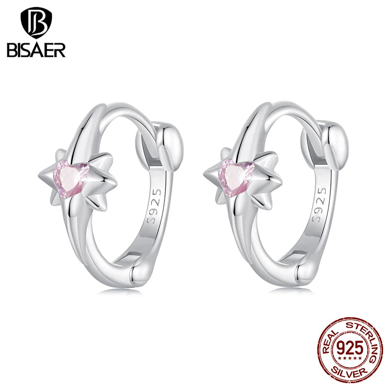 BISAER Real 925 Sterling Silver Hexagram Hoop Earrings Plated White Gold Women Party Weeding FOriginal ine Jewelry Gift EFE1112