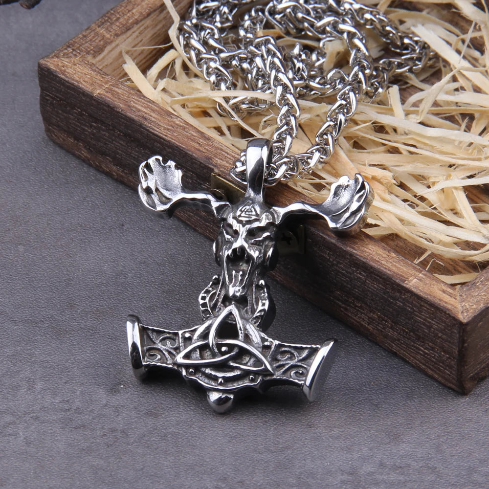 Fashion Valknut Viking Thor's Hammer Pendant Necklace With keel Chain As Men Gift with wooden box