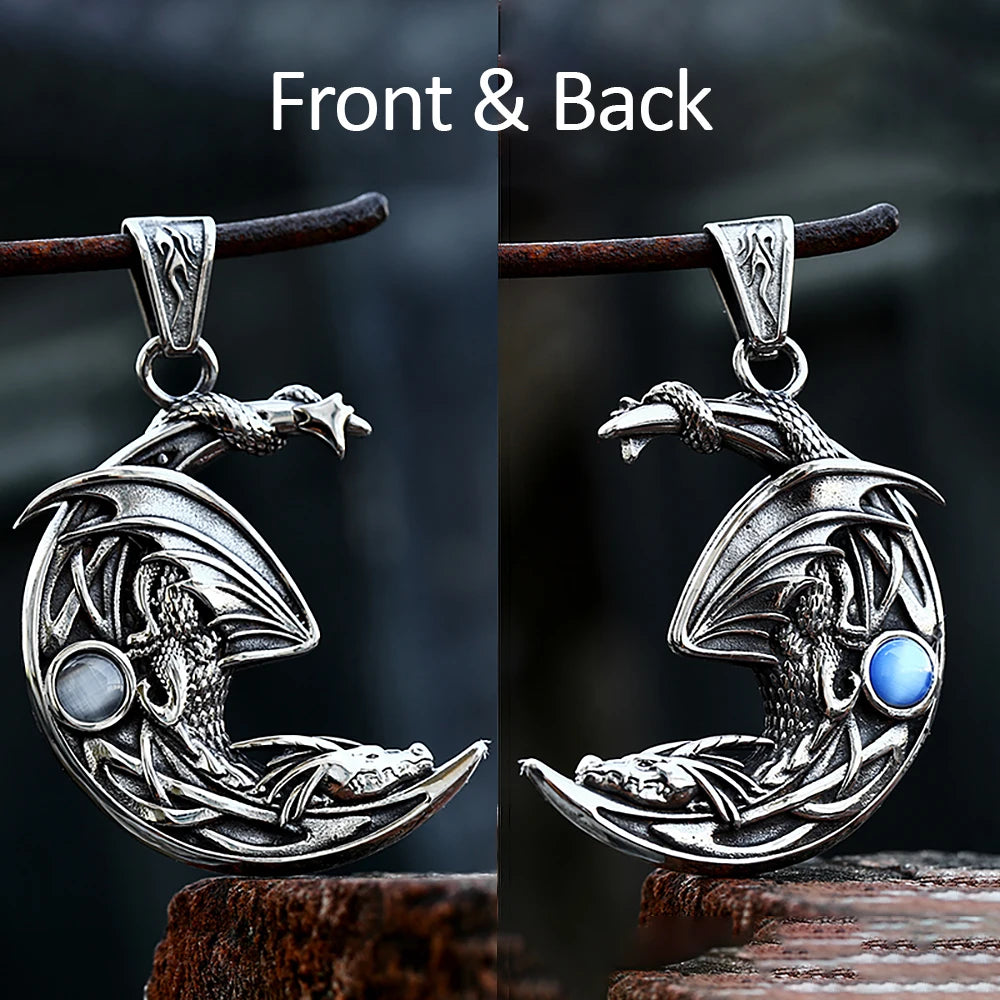 New Vintage Sleeping Dragon On Moon Pendant For Men Women Stainless Steel Natural Stones Necklace Fashion Party Jewelry Gifts