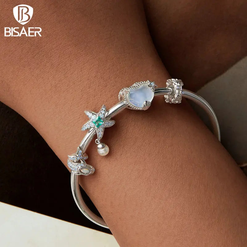 BISAER - Abalorio de concha marina de ensueño de plata de ley 925 con forma de ballena azul y estrella de mar, apto para pulseras de mujer DIY, joyería fina, regalo