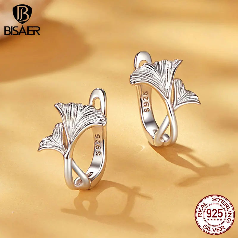 BISAER 925 Sterling Silver Ginkgo Leaf Hoop Earrings Plated White Gold For Girl's Romance Party Weeding Fien Jewelry autumn Gift