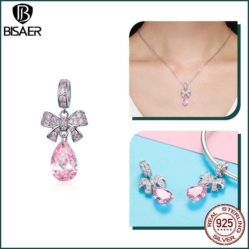 BISAER 925 Sterling Silver Pink Blue Glass Pendant Bow Beads Charm Plated Platinum for Necklace & Bracelet DIY Fine Jewelry Gift