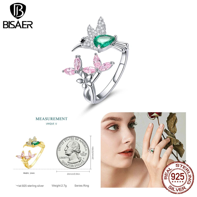 BISAER 925 Sterling Silver Floral Bird Open Ring Flower Band Adjustable Size 5-9 Plated White Gold For Women Party Fine Jewelry