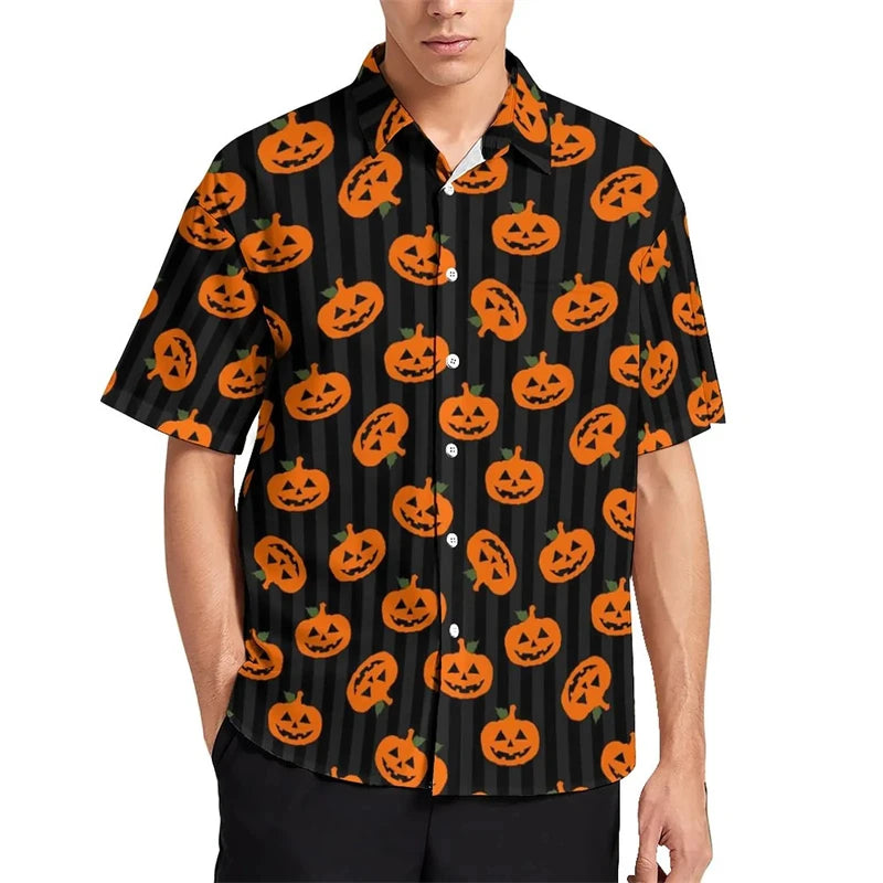 Funny Pumpkin Candy Graphic Blouses Fashion Halloween Gift 3D Printed Beach Shirts Streetwear Boy Short Sleeve Button Male Tops