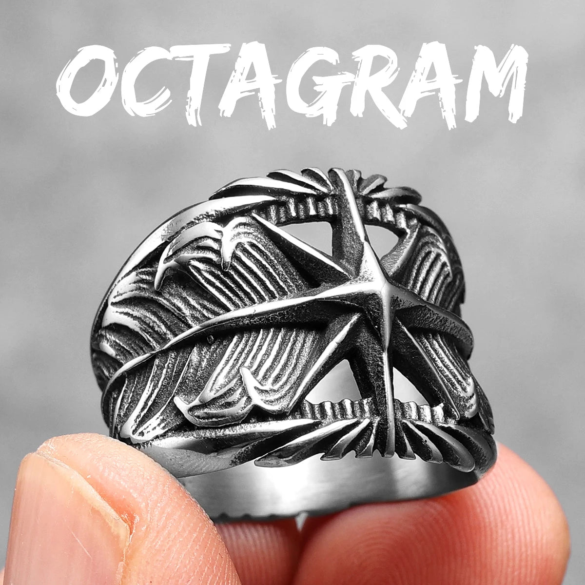 Octagram Ring 316L Stainless Steel Feather Men Ring Hollow Punk Rock Rap for Biker Male Friend Jewelry Creative Gift Wholesale