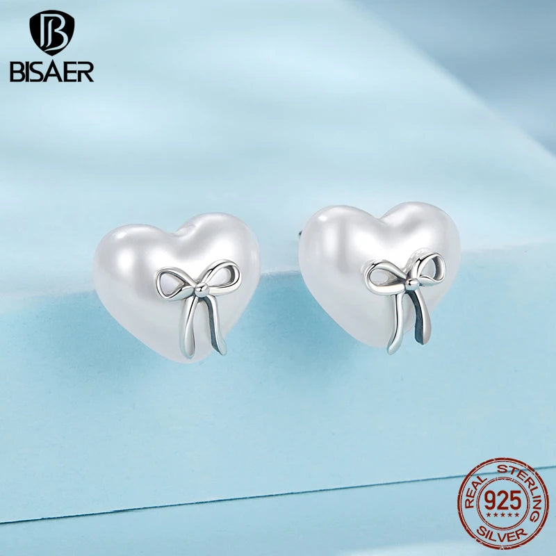 BISAER Real 925 Sterling Silver Pearl Heart Stud Earrings Bow Stud Ear For Elegant Women Party Fine Jewelry Holiday Gifts