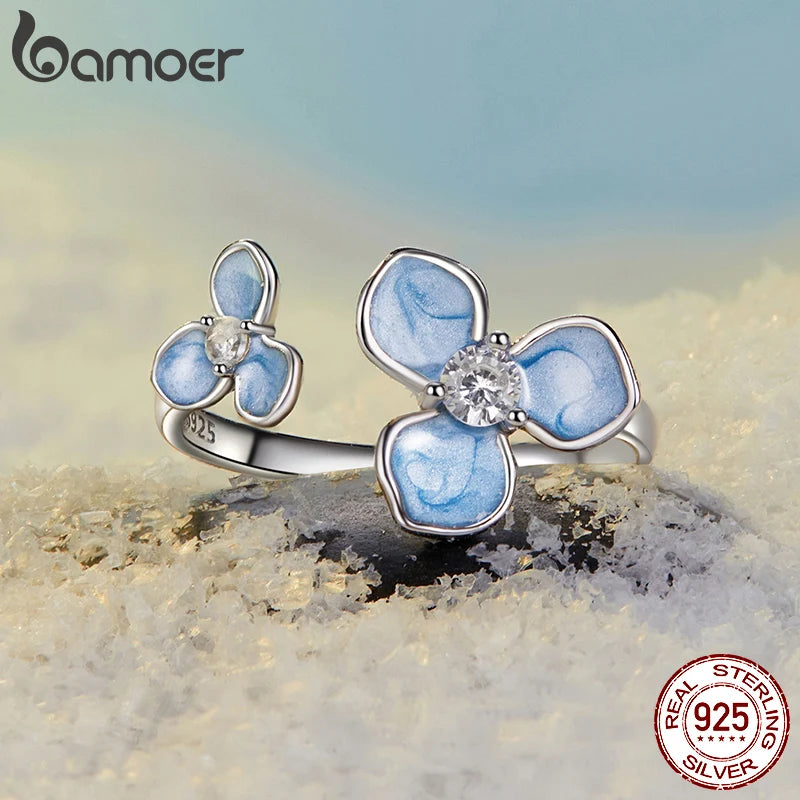 Bague ajustable en argent sterling 925 BAMOER avec fleur bleue, plaquée or blanc, jolie bague de promesse de Noël, bijoux délicats et chics