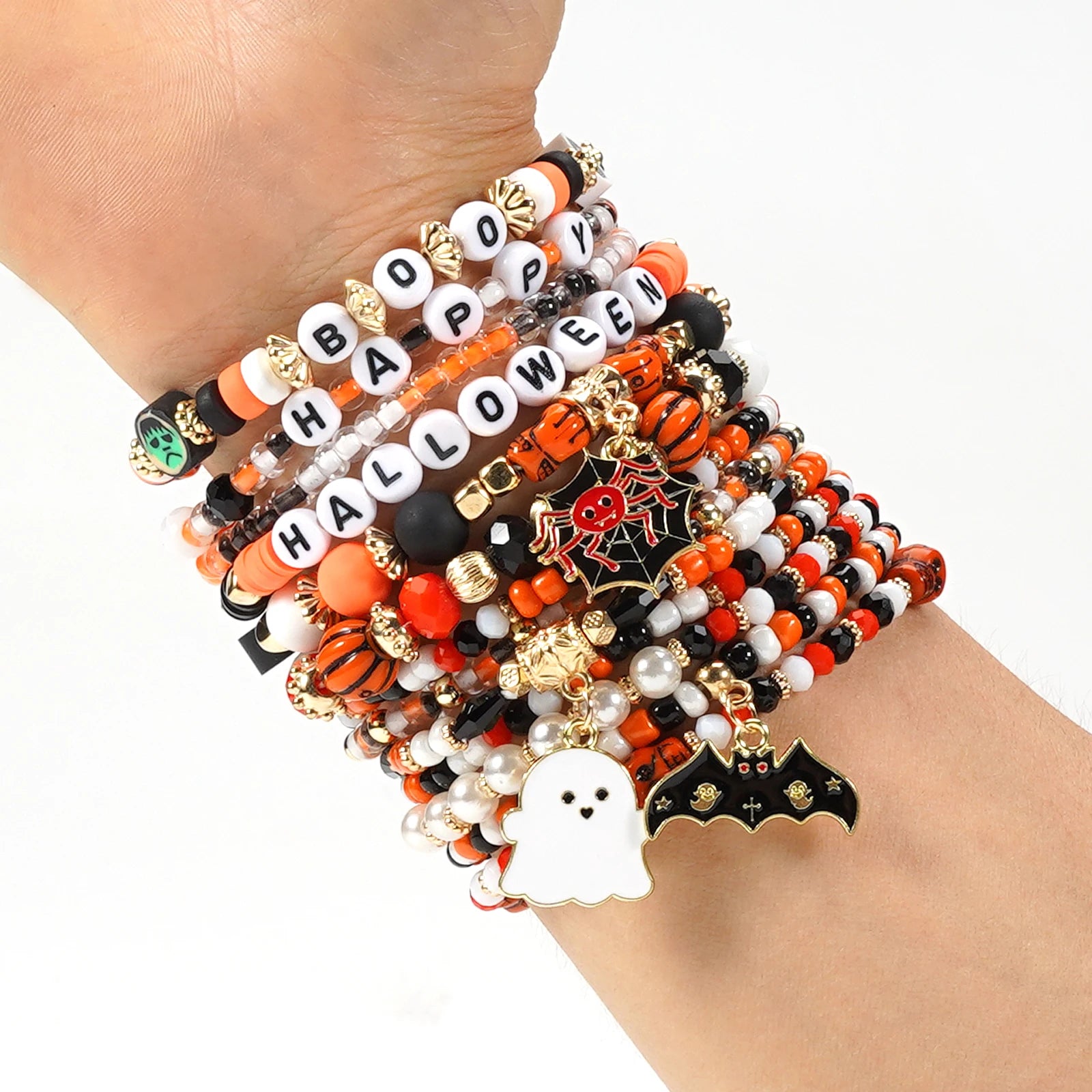 Artificial Crystal Soft Cover Halloween Bracelet Ghost Spider Web Bat Spider Pendant Multilayer Stretch Bracelet