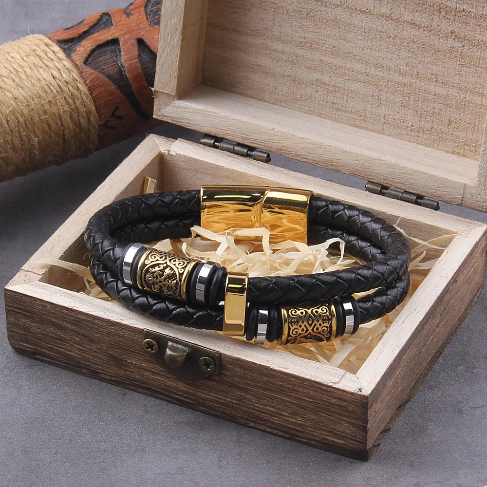 Punk Männer Wikinger Stil Echtes Leder Armband Geflochtene Multilayer Edelstahl Nordischen Runen Perle Armreifen Paar Schmuck Geschenk