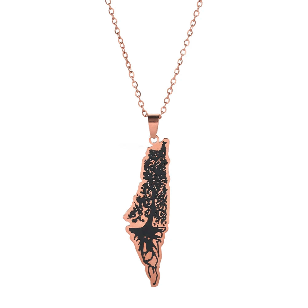 New Fashion Israel Map Rooted Tree Necklace Stainless Steel Pendant Choker Israel Plant Pattern Map Frame Charm Jewelry Gifts