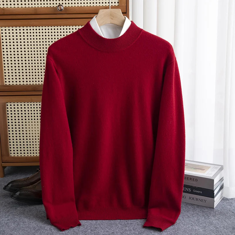 New Fashion Men's 100% Wool Pullover Half-high Collar Sweater Autumn Winter Warm Solid Color Knit Sweater Business Casual Top