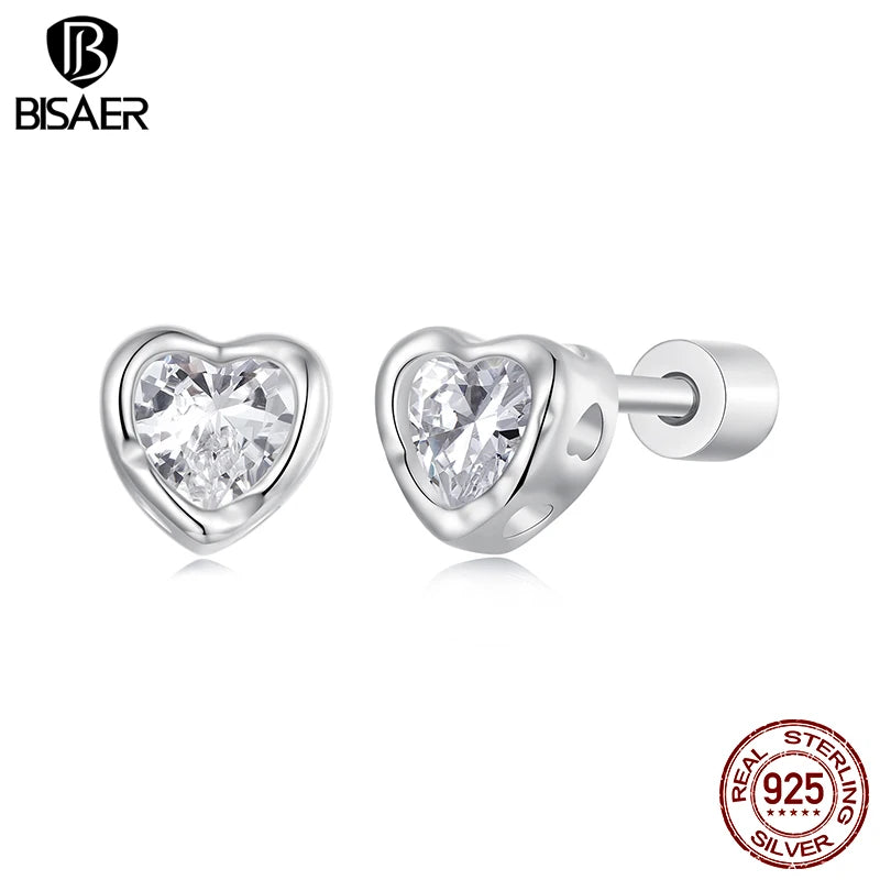 BISAER 925 Sterling Silver Heart Stud Earrings Sparkling Zircon Plated White Gold Hypoallergenic Earrings for Women Fine Jewelry