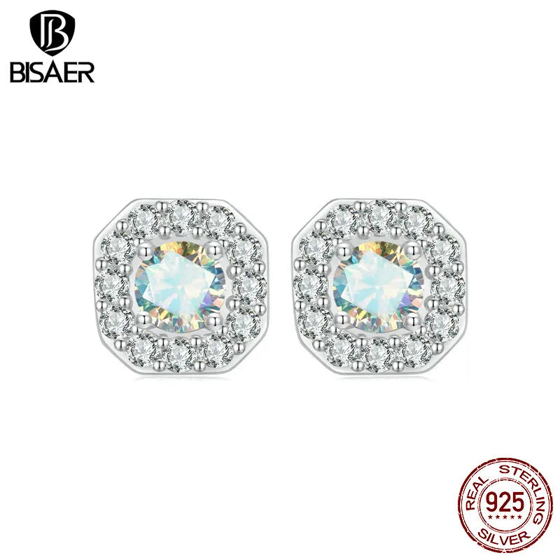 BISAER 925 Sterling Silver Iridescent Cube Stud Earrings Simple Geometry Stud Ear plated White Gold For Woman Party Fine Jewelry