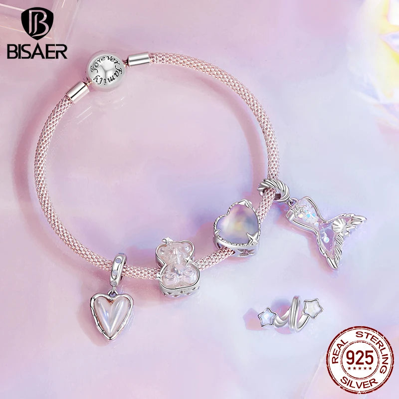 BISAER 925 Argent Sterling Rose Clair De Lune Charme Chaussure De Ballet Aurora Ours Coeur Aile Pendentif pour Femmes Bracelet À Bricoler Soi-Même Bijoux Fins