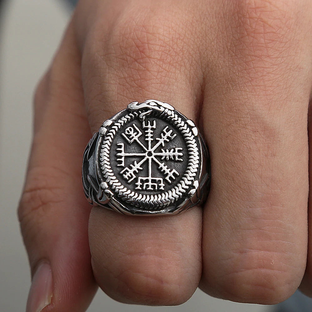 Vintage Viking Compass Helm of Awe Ring Stainless Steel Men Nordic Ethnic Belief Aegishjalmur Viking Rings Jewelry Free Shipping