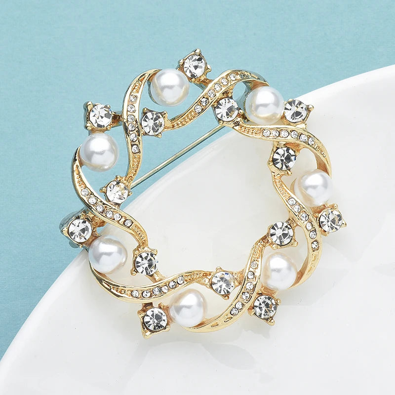 Wuli&baby Classical Pearl Circle Brooches For Women Unisex Rhinestone Round Flower Party Office Brooch Pins Gifts