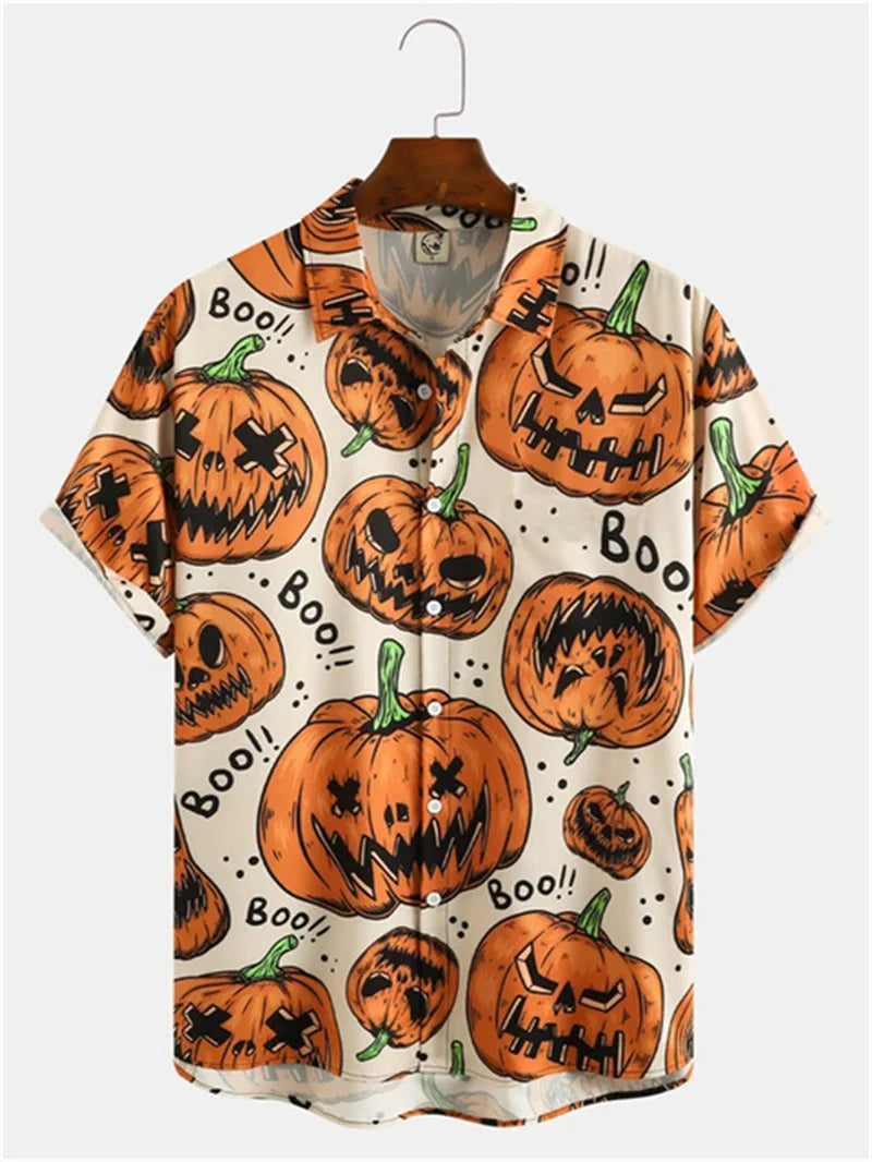 Camisa vintage para hombre con estampado 3D de cabeza de calabaza de Halloween, ropa para hombre, camisa hawaiana informal de verano para playa hawaiana, camisa hawaiana de vacaciones