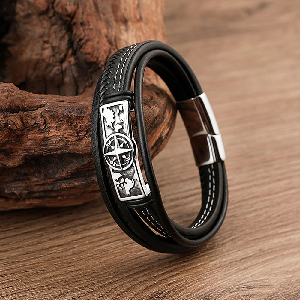 Vintage Viking Compass Stainless Steel Bracelet For Men Punk Charm MultiLayer Leather Bangles Fashion Jewelry Gifts Dropshipping