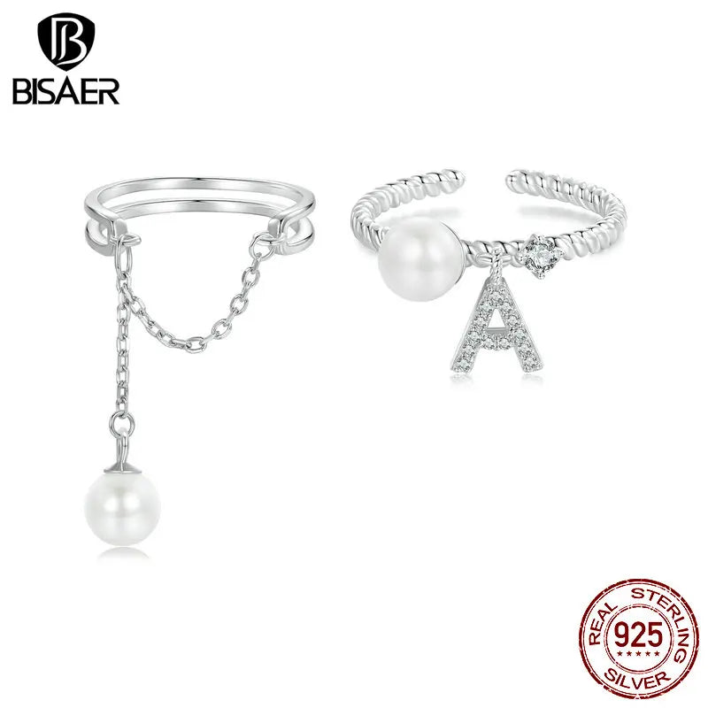 BISAER 925 Sterling Silver Pearl Tassel Open Ring Letter A Adjustable Plated White Gold Eternity Band for Women Fine Jewelry