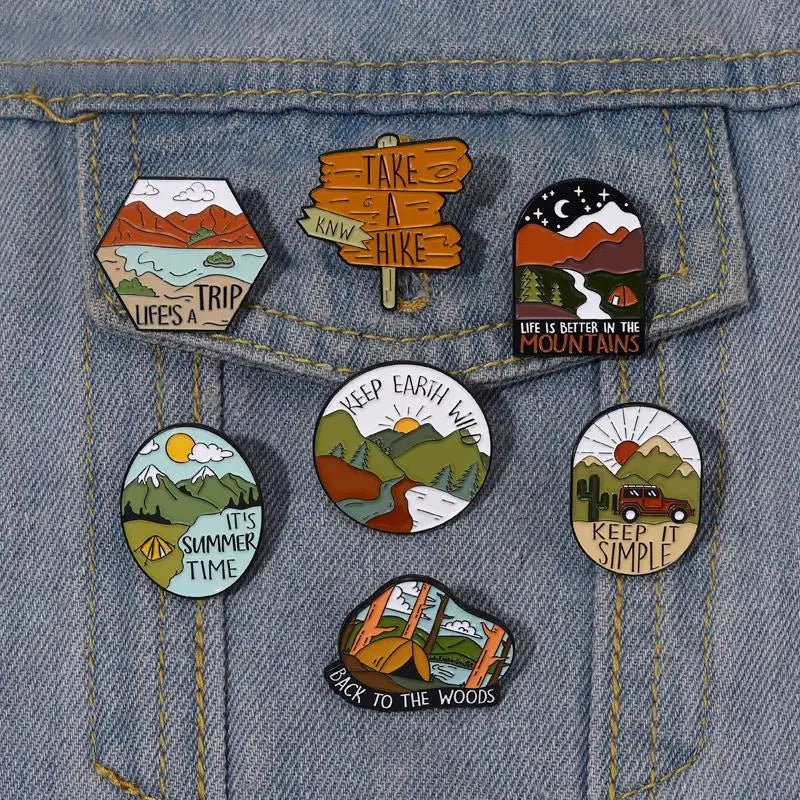 Camping Outdoors Enamel Pins Custom Wild Hiking Adventure Mountain Trip Brooches Lapel Badges Funny Jewelry Gift for Friends