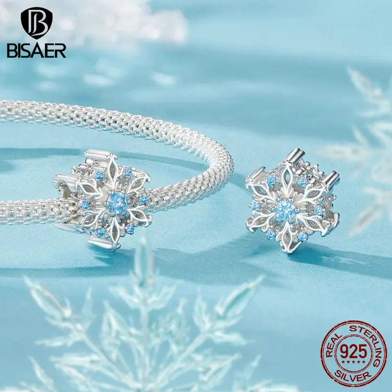 BISAER 925 Sterling Silver Kingdom Snowflake Charm Bead Ice Flower Pendant Plaqué Platine Fit Femmes DIY Bracelet Fine Jewelry