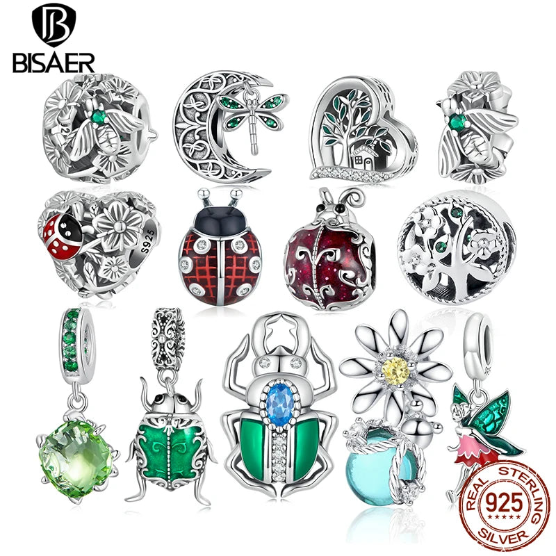 BISAER - Abalorio de plata de ley 925 con forma de árbol de la vida verde, colgante de mariquita y trébol de cuatro hojas, apto para pulseras de mujer, regalo de joyería fina