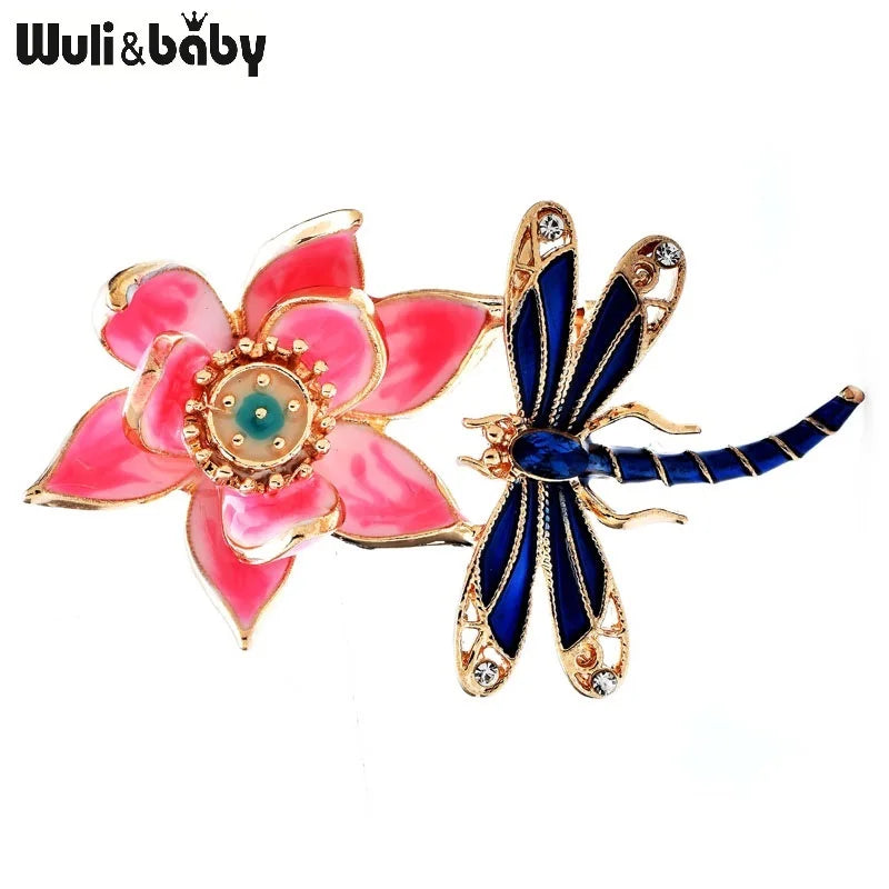 Wuli&baby Beautiful Lotus Flower Dragonfly Brooches For Women Elegant Enamel Flowers And Insects Party Office Brooch Pins Gifts