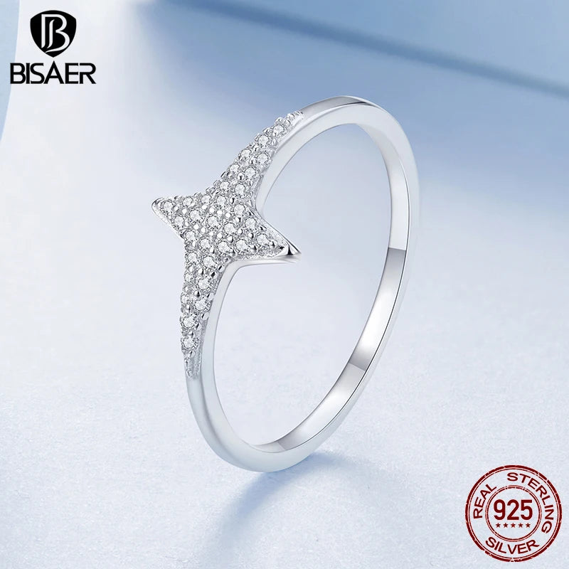 BISAER 925 Sterling Silver Sparkling Star Ring Pavé Setting Zircon Finger Band Plated White Gold for Women Wedding Fine Jewelry