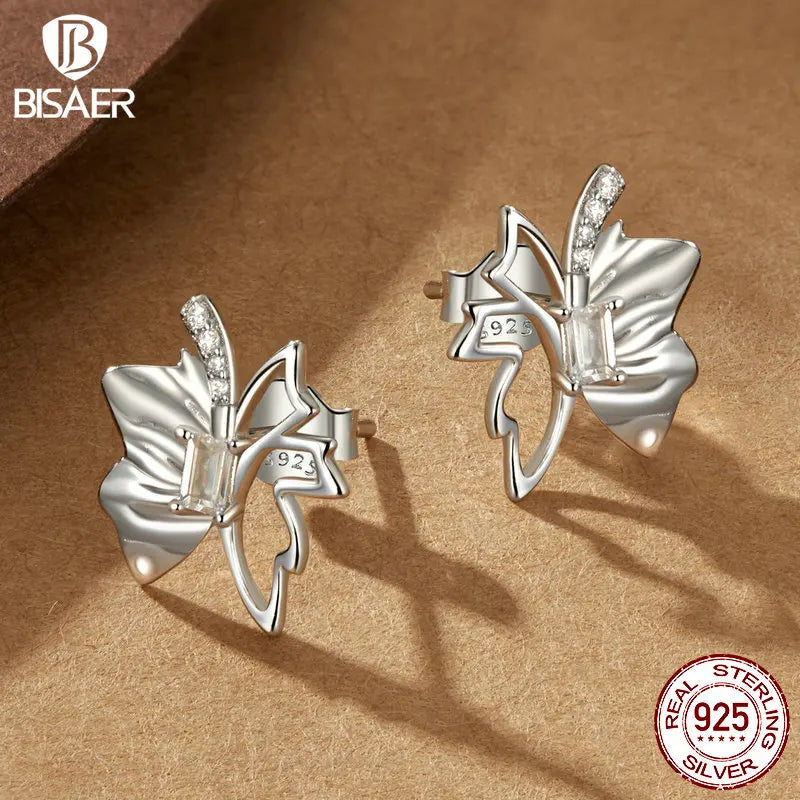 BISAER 925 Sterling Silver Autumn Leaf Butterfly Stud Earrings Simple Ear Clip Plated White Gold For Women Party Fine Jewelry