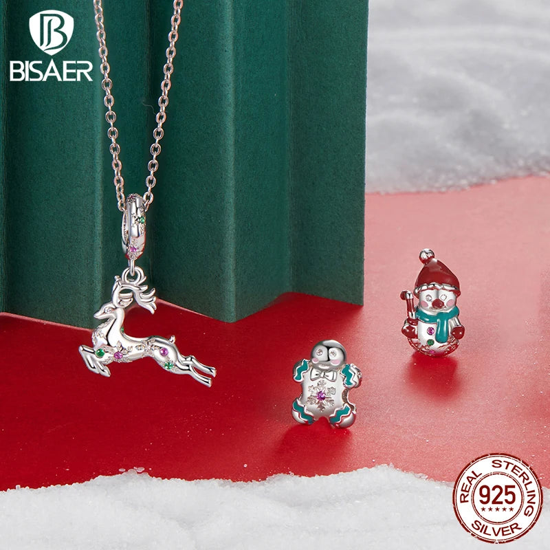 BISAER 925 Sterling Silver Christmas Bear Reindeer Bell Charm Bead Snowman Christmas Tree Pendant Fit DIY Bracelet Jewelry Gift