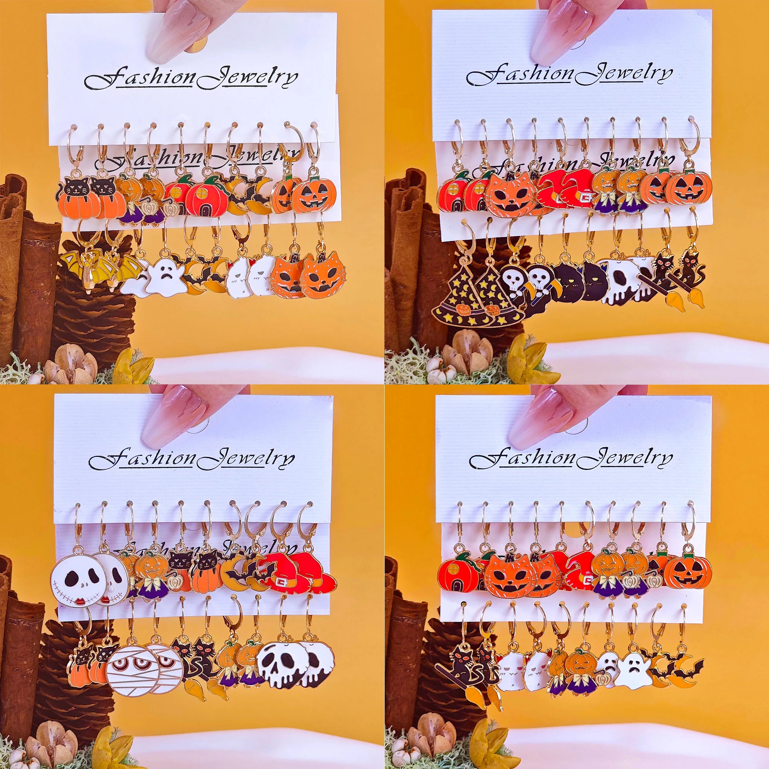 20pcs Halloween Art series earrings with horror alloy oil drop pumpkin bat spider web ghost earrings set for women